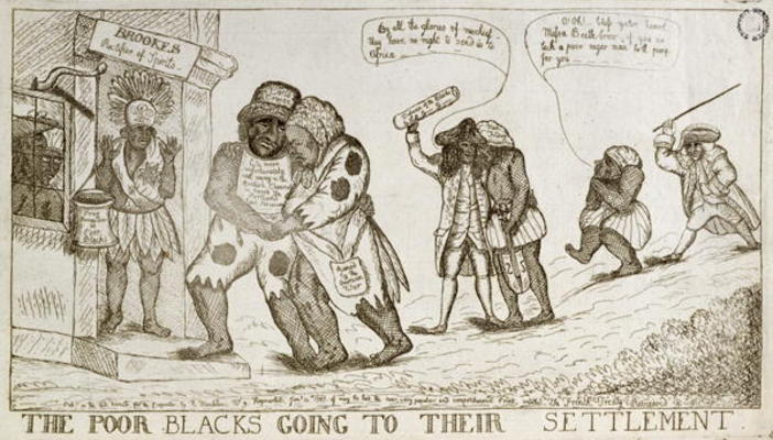 The Poor Blacks Going to their Settlement, pub. by E. Macklew, 1787 (etching) od English School, (18th century)