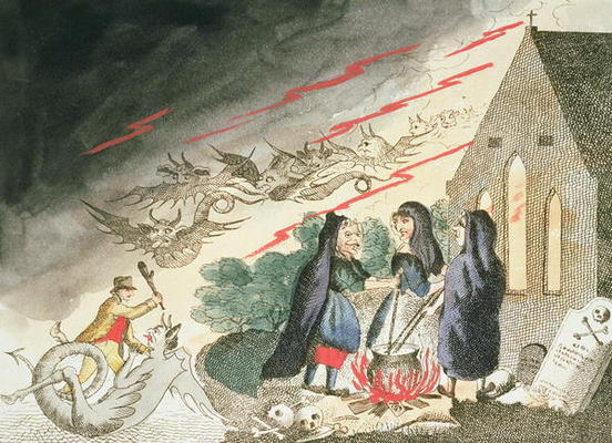 Three Witches in a Graveyard, c.1790s (coloured engraving) od English School, (18th century)
