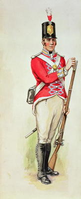 British soldier in Napoleonic times carrying a musket (w/c) od English School, (19th century)