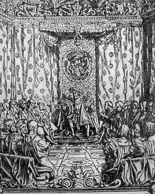 King Henry VIII (1491-1547) in Parliament, from a contemporary print (engraving) od English School, (19th century)