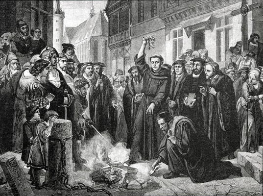 Martin Luther (1483-1546) Publicly Burning the Pope's Bull in 1521 (engraving) od English School, (19th century)