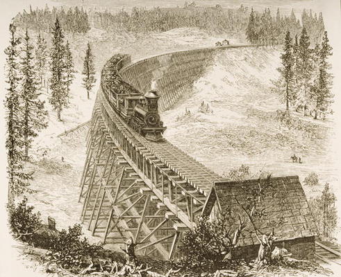Trestle Bridge on the Pacific Railway, Sierra Nevada, c.1870, from 'American Pictures', published by od English School, (19th century)