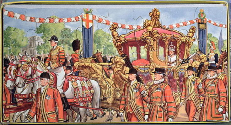 Jigsaw puzzle depicting the Coronation of Queen Elizabeth II (b.1926) 2nd June 1953 (colour litho on od English School, (20th century)
