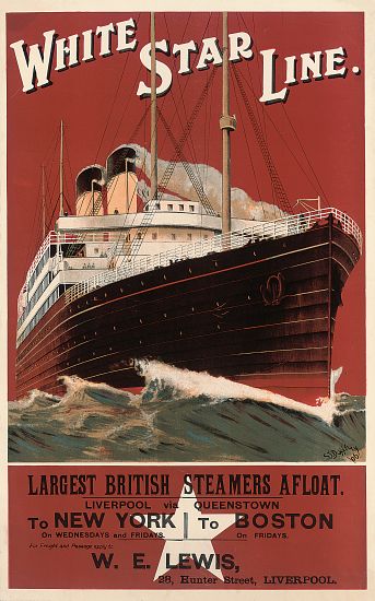 Poster advertising routes to New York and Boston with the shipping company White Star Line od English School, (20th century)