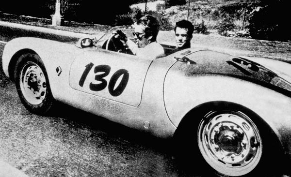 The American Actor James Dean driving his Porsche Spider 550A with Rolf Wutherlich od English Photographer, (20th century)