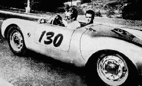 The American Actor James Dean driving his Porsche Spider 550A with Rolf Wutherlich