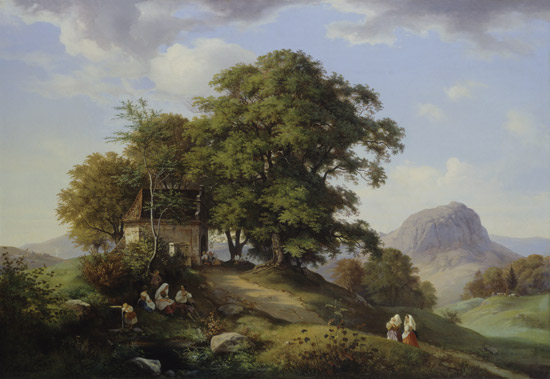 Mountainous landscape with cluster of trees and chapel in the background of the boron od Ernst Ferdinand Oehme