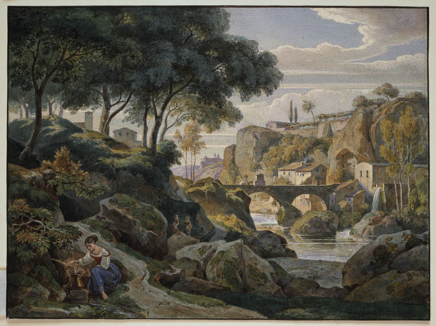 Italienische Gebirgslandschaft mit steinerner Brücke od Ernst Fries