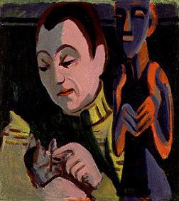 Portrait of Erna with cat and wood figure od Ernst Ludwig Kirchner