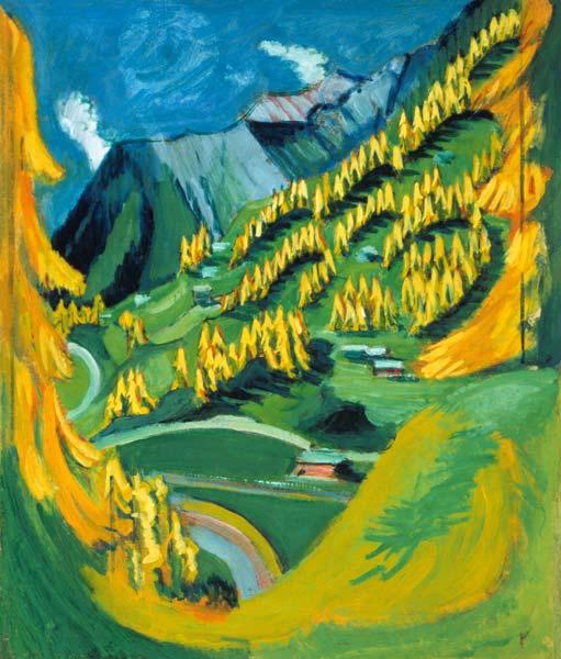 Mountain slope with yellow trees