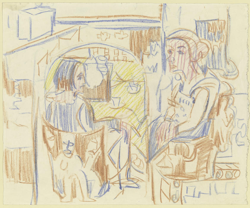 Zwei Frauen am Kaffeetisch in Kirchners Atelier od Ernst Ludwig Kirchner