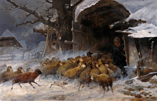 Flock of sheep which is taken to the Staal before a driving snow. od Ernst Meissner