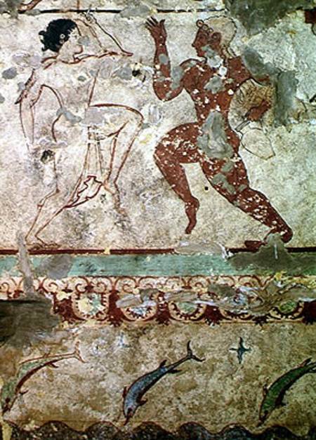 Two Dancers and Dolphins Leaping through Waves, frieze from the Tomb of the Lionesses in the necropo od Etruscan