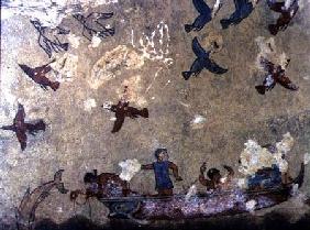 Fishermen in a boat and birds flying, from the Tomb of Fishing and Hunting