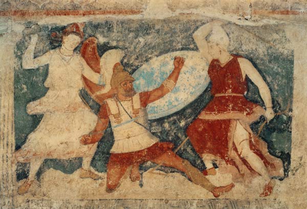 Two Amazons in combat with a Greek, from Tarquinia od Etruscan