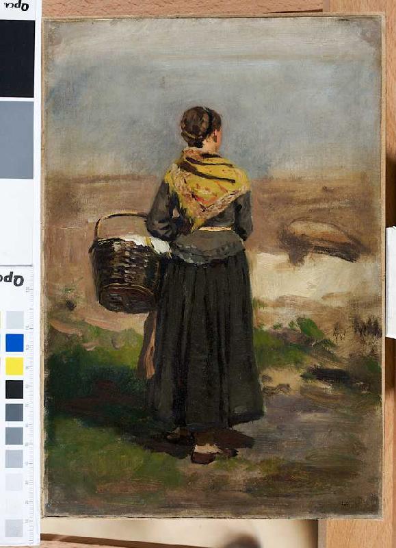 Rückenfigur einer stehenden Frau in Landschaft (Studie) od Eugen Dücker