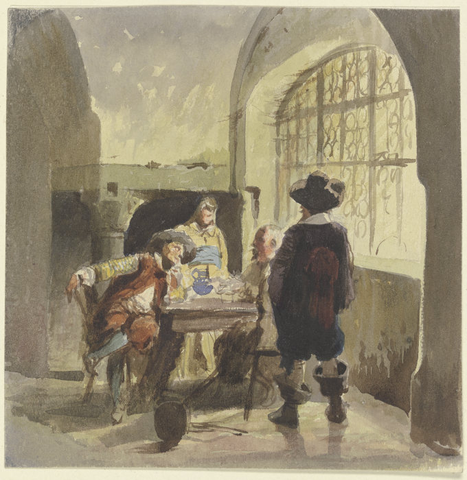Drei Kriegsleute aus der Zeit des Dreißigjährigen Krieges in einem Gemach, dabei eine Frau od Eugen Klimsch