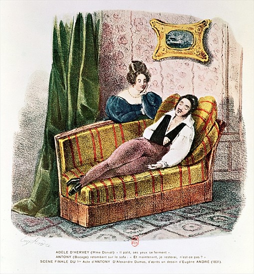 Marie Dorval (1798-1849) in the role of Adele d''Hervey and Bocage (1797-1863) as Antony, in the fin od Eugene Andre