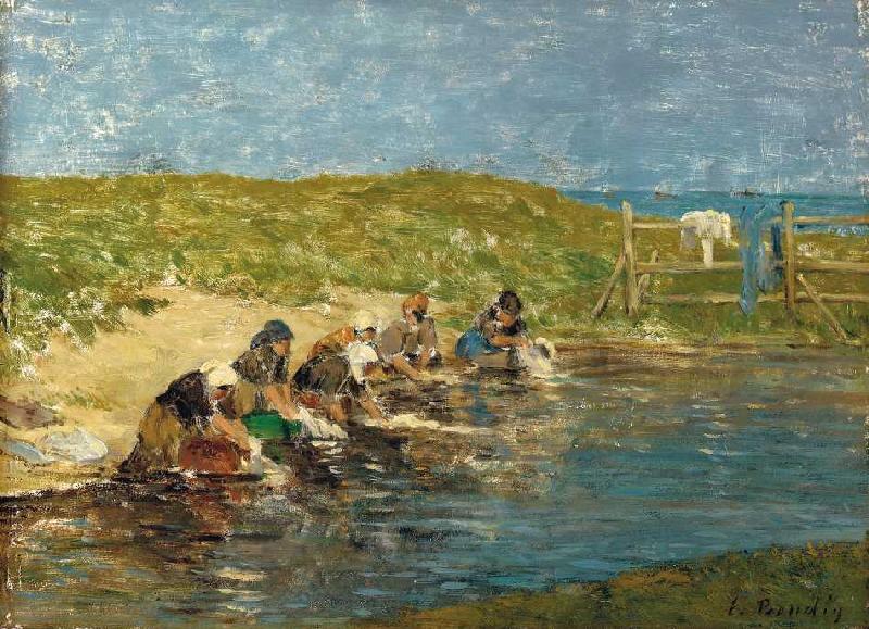 Wäscherinnen am Rand eines Teiches. od Eugène Boudin