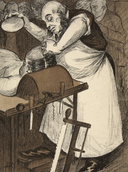 A coroner examining the head of a corpse, illustration from ''L''assiette au Beurre: Les Fonctionnai od Eugene Cadel
