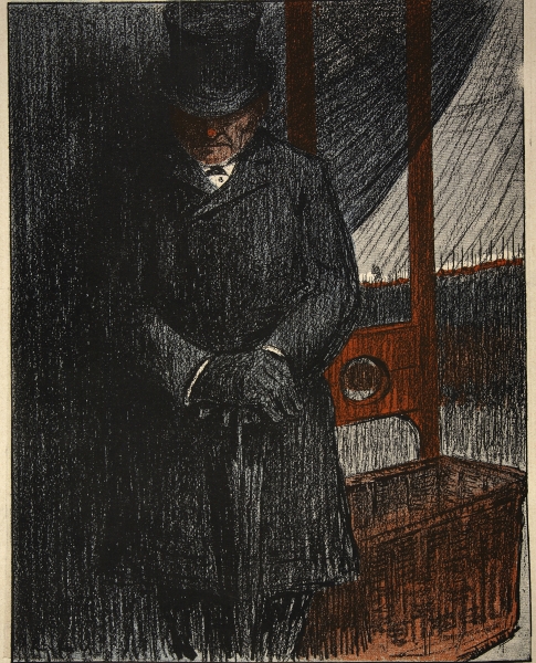 An undertaker awaits his next victim by the guillotine, illustration from ''L''assiette au Beurre: L od Eugene Cadel