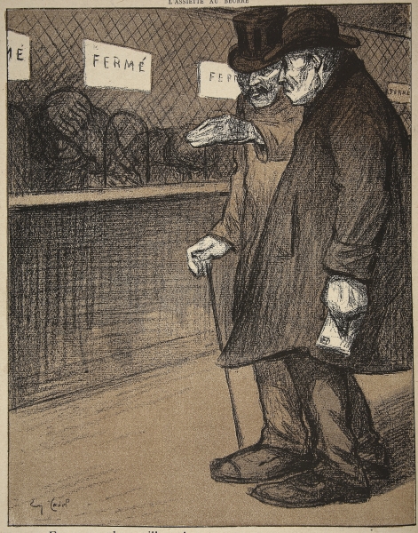 Two elderly gentlemen walking past closed counters, illustration from ''L''assiette au Beurre: Les F od Eugene Cadel