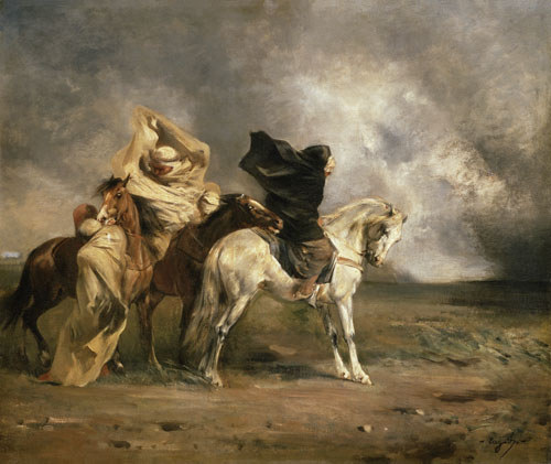 Rider bunch in the paying sandstorm. od Eugène Fromentin