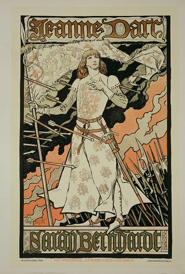 Reproduction of a poster advertising 'Joan of Arc', starring Sarah Bernhardt at the Renaissance Thea od Eugene Grasset