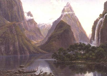 Native figures in a canoe at Milford Sound, West Coast of South Island, New Zealand, also depicted a od Eugene von Guerard