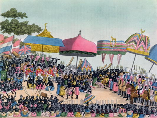 Reception for the English Ambassador held by the Ashanti at Comassi, Ghana, c.1818, engraved by A. B od European School, (19th century)