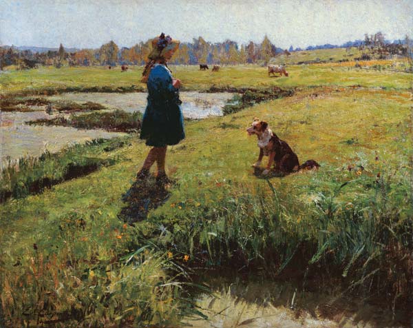 Young Girl with her Dog in the Meadows od Evariste Carpentier