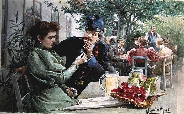 Soldier and a Young Girl Drinking New Wine, 1896 (w/c on paper)  od Felicien baron de Myrbach-Rheinfeld