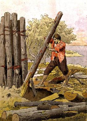 Robinson Crusoe Building his First Dwelling, 1930 (colour litho) 