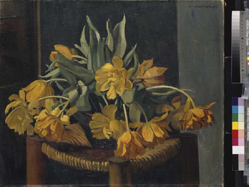Gelbe Tulpen auf einem Korbstuhl od Felix Vallotton