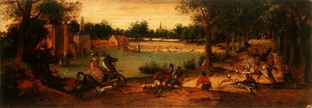 The Boar Hunt: One of a pair of landscapes od Ferdinand Bol