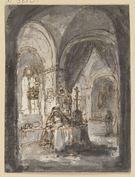 Eine Nonne sitzt in einer Kirche am Altar od Ferdinand Bol