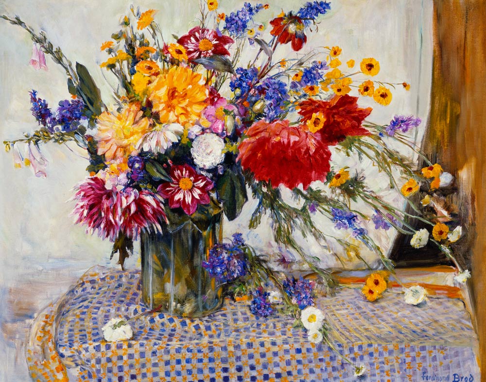 Rittersporn, Rosen, Pfingstrosen, Dahlien und andere Blumen in einer Vase. od Ferdinand Brod