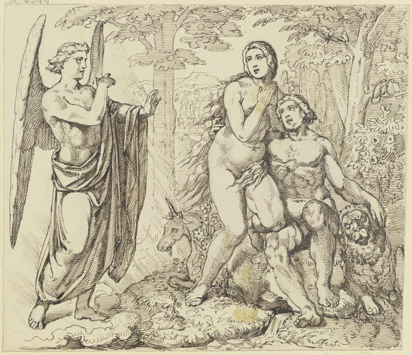 Ein Engel überbringt Adam und Eva Gottes Verbot, vom Baum der Erkenntnis des Guten und Bösen zu esse od Ferdinand Fellner