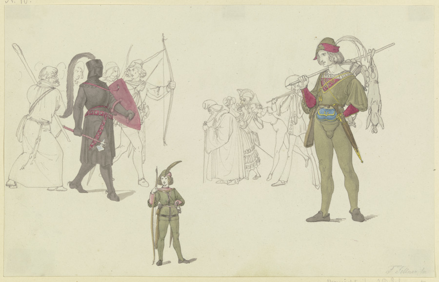 Ein schwarzer Ritter, Bogenschützen, ein Jäger sowie Maskenträger od Ferdinand Fellner