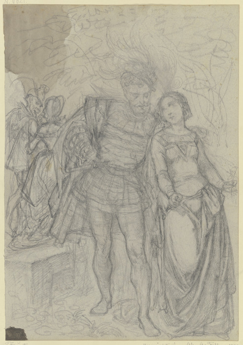 Faust und Gretchen, im Hintergrund Marthe und Mephisto od Ferdinand Fellner
