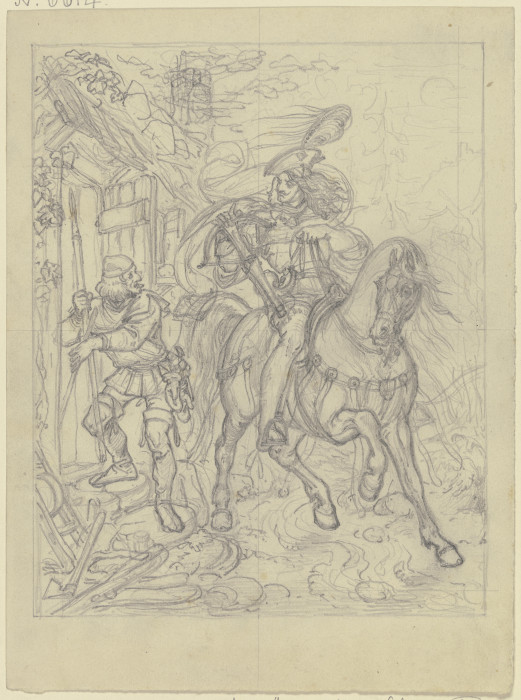 Ungedeutete Szene: Ein Ritter mit Armbrust an einer Hütte haltend, ein Knappe betritt diese od Ferdinand Fellner