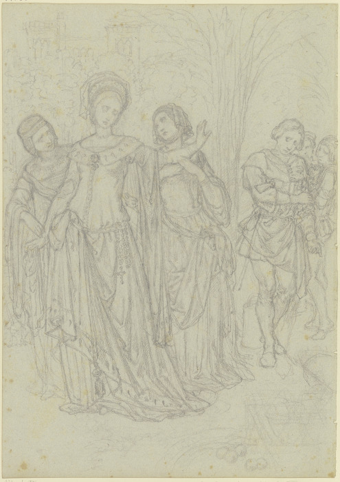 Ungedeutete Szene: Fürstin mit einem Rosenkranz am Gürtel, einen Jüngling abweisend od Ferdinand Fellner