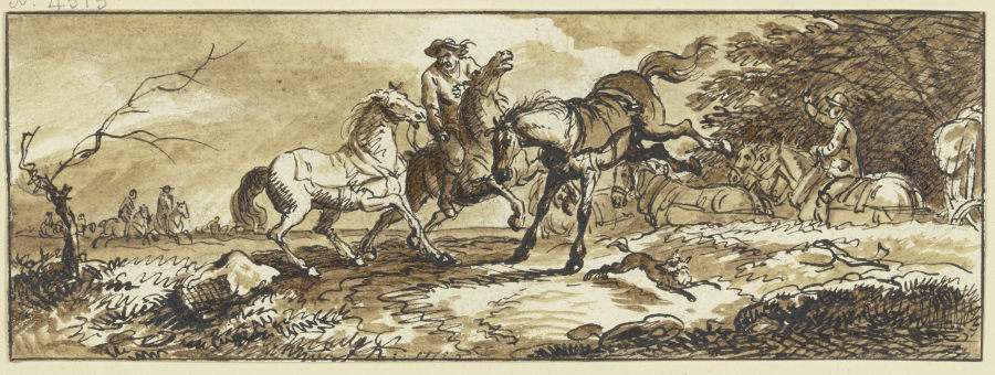 Reiter mit zwei Handpferden, eines schlägt aus, im Hintergrund ein Fuhrwerk und andere Reiter od Ferdinand Kobell
