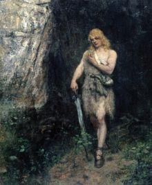 Siegfried in front of Fafners cave with the ring and the sword Notung