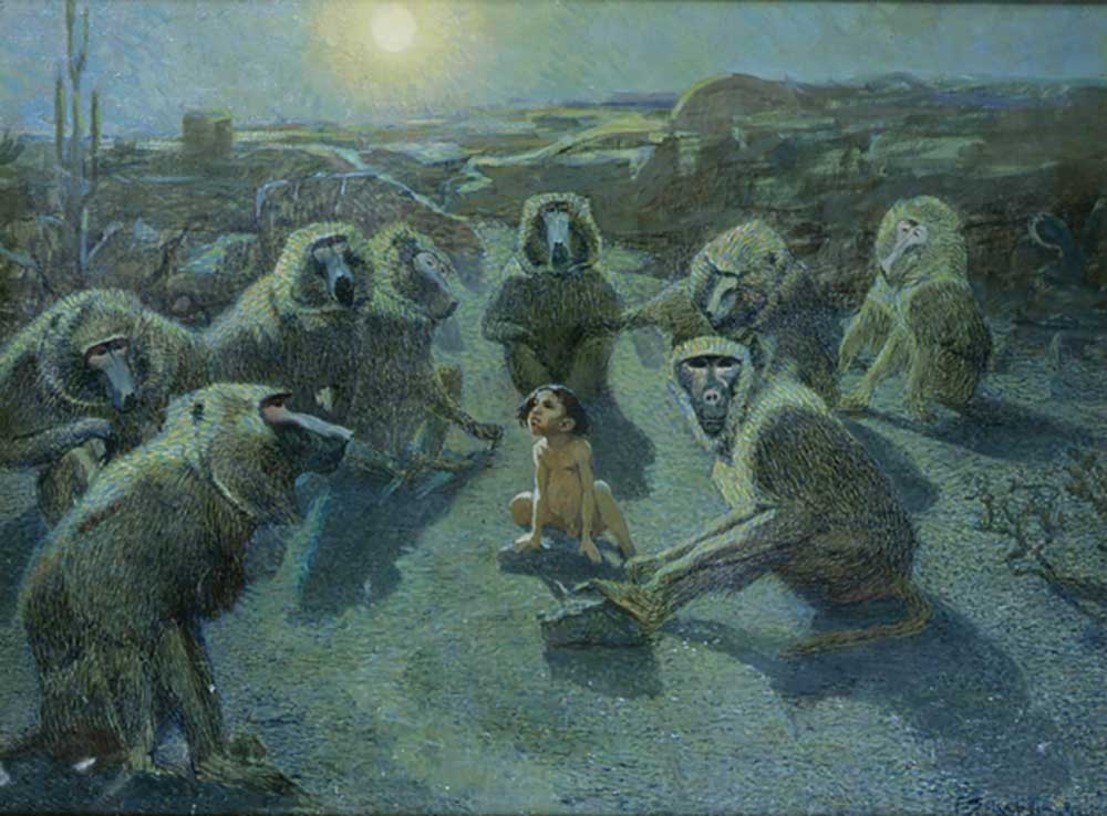Mowgli Captured by Monkeys (oil & ink on canvas) od Ferdinand Schebek