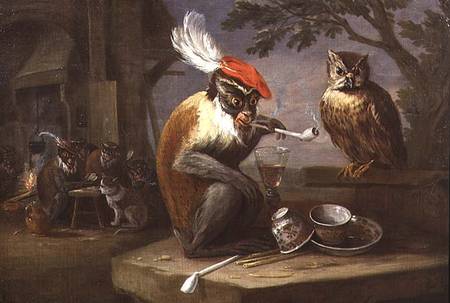 A monkey smoking and drinking with an owl od Ferdinand van Kessel