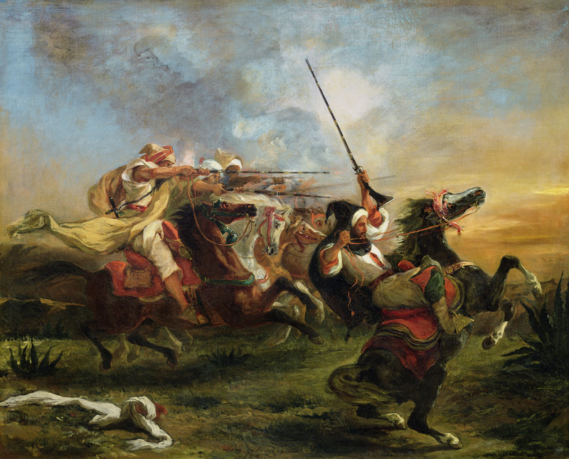 Moroccan horsemen in military action od Ferdinand Victor Eugène Delacroix
