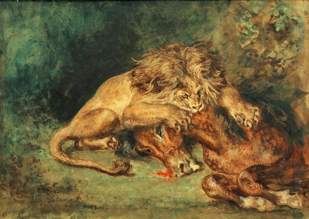 Löwe, ein Pferd reißend od Ferdinand Victor Eugène Delacroix