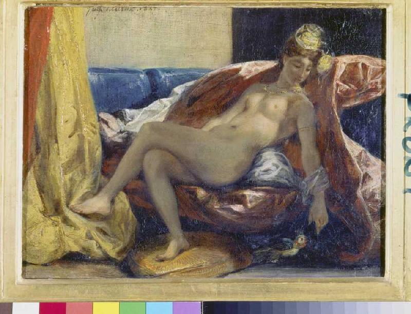 Naked woman, a parrot stroking. od Ferdinand Victor Eugène Delacroix