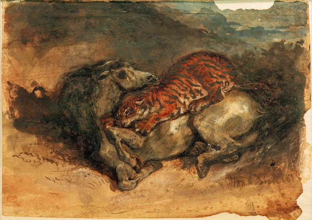 Tiger, ein Pferd anfallend od Ferdinand Victor Eugène Delacroix